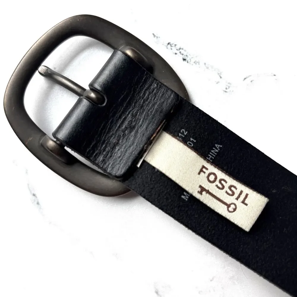 FOSSIL Black Leather Belt Artsy Metal Floral Stud Detail Boho Western Women’s M